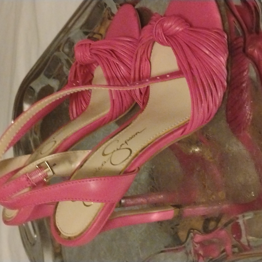 Jessica Simpson Pink High Heeled Sandals with Ruffled Detail